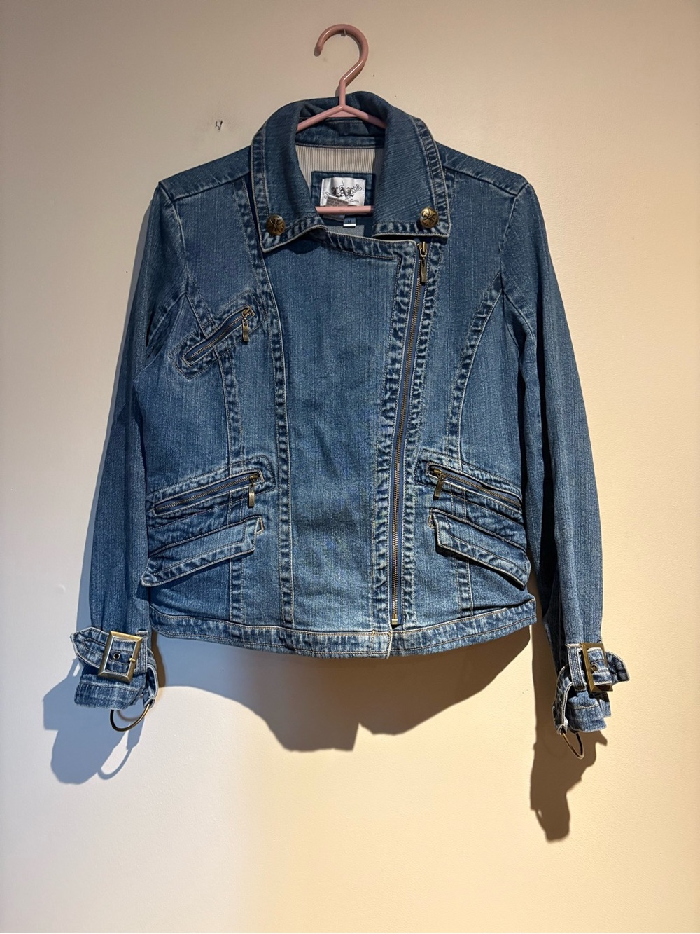 Vintage Live a Little Jean Jacket Asymmetrical Zip Y2K Size Medium Denim Biker